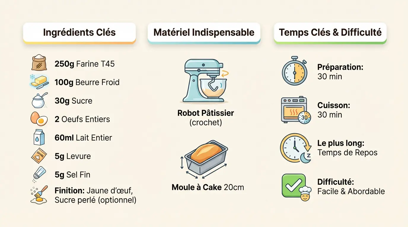 Vue d'ensemble des ingrédients et du matériel pour réussir sa brioche maison