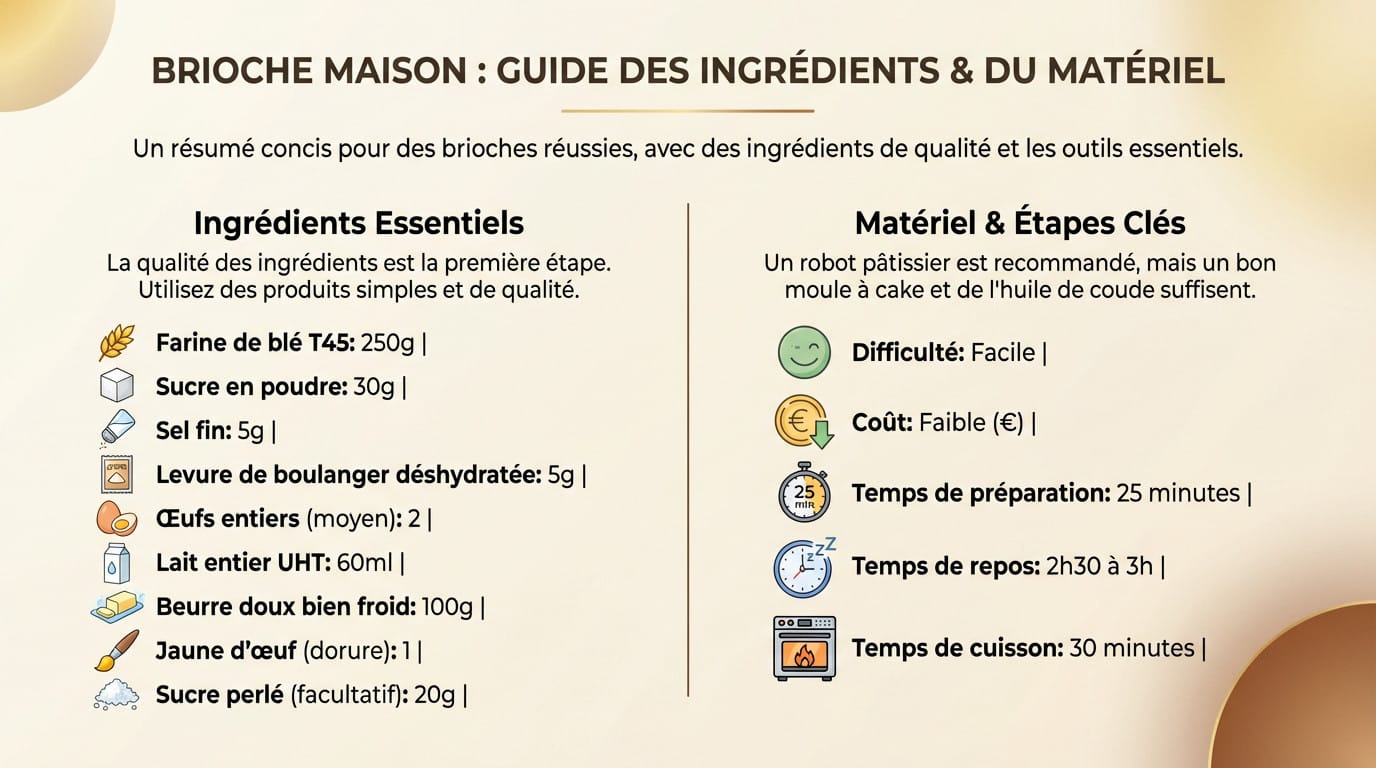 Ingrédients essentiels et matériel de base pour préparer une brioche maison moelleuse
