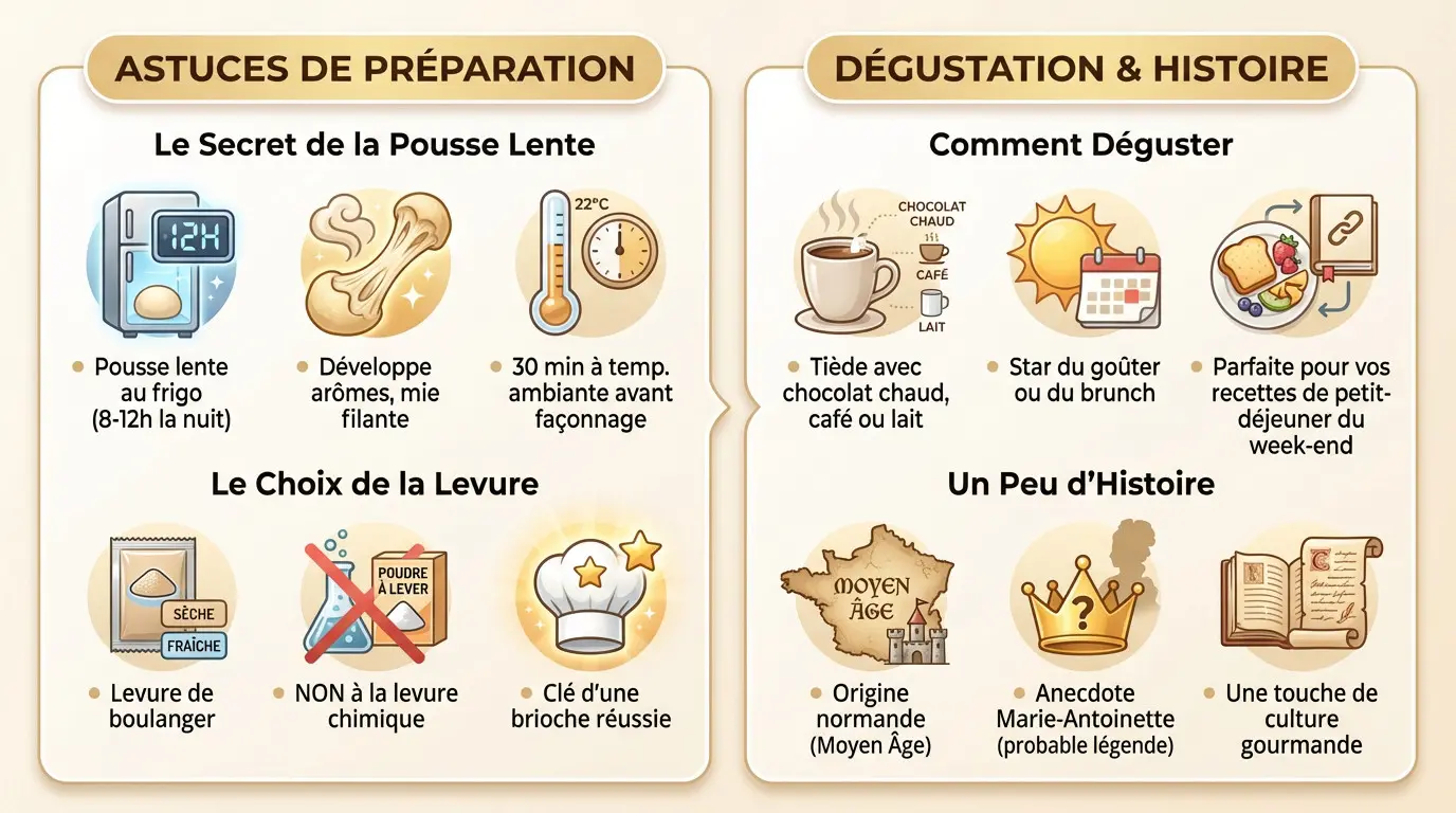 Brioche maison dorée à la mie filante accompagnée d'une boisson chaude