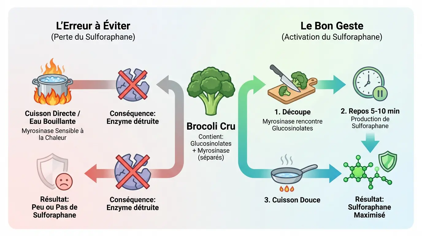 Découpe des bouquets de brocoli pour activer le sulforaphane avant cuisson