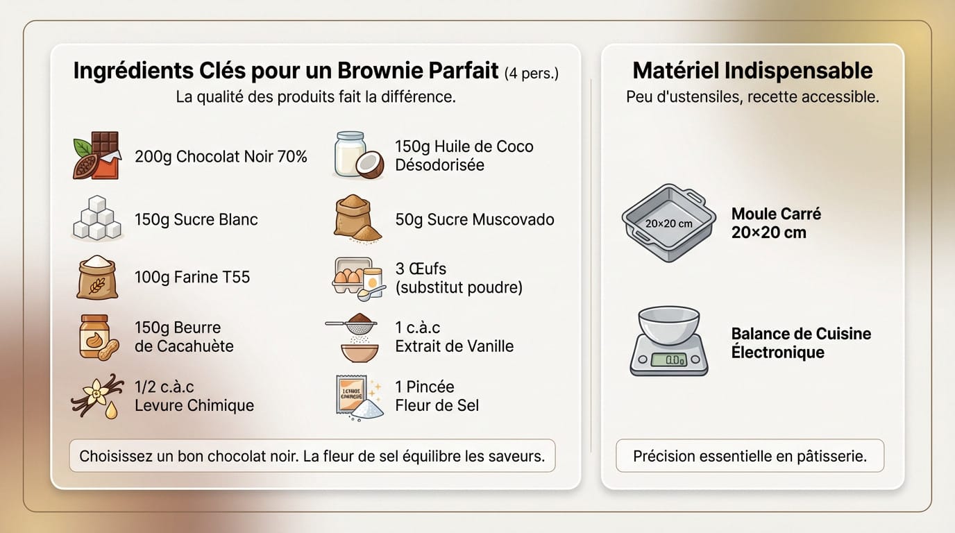Ingrédients disposés pour la recette du brownie chocolat et beurre de cacahuète avec moule carré