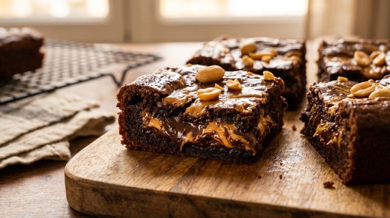 Brownie chocolat beurre de cacahuète fondant sur une assiette avec des éclats de chocolat