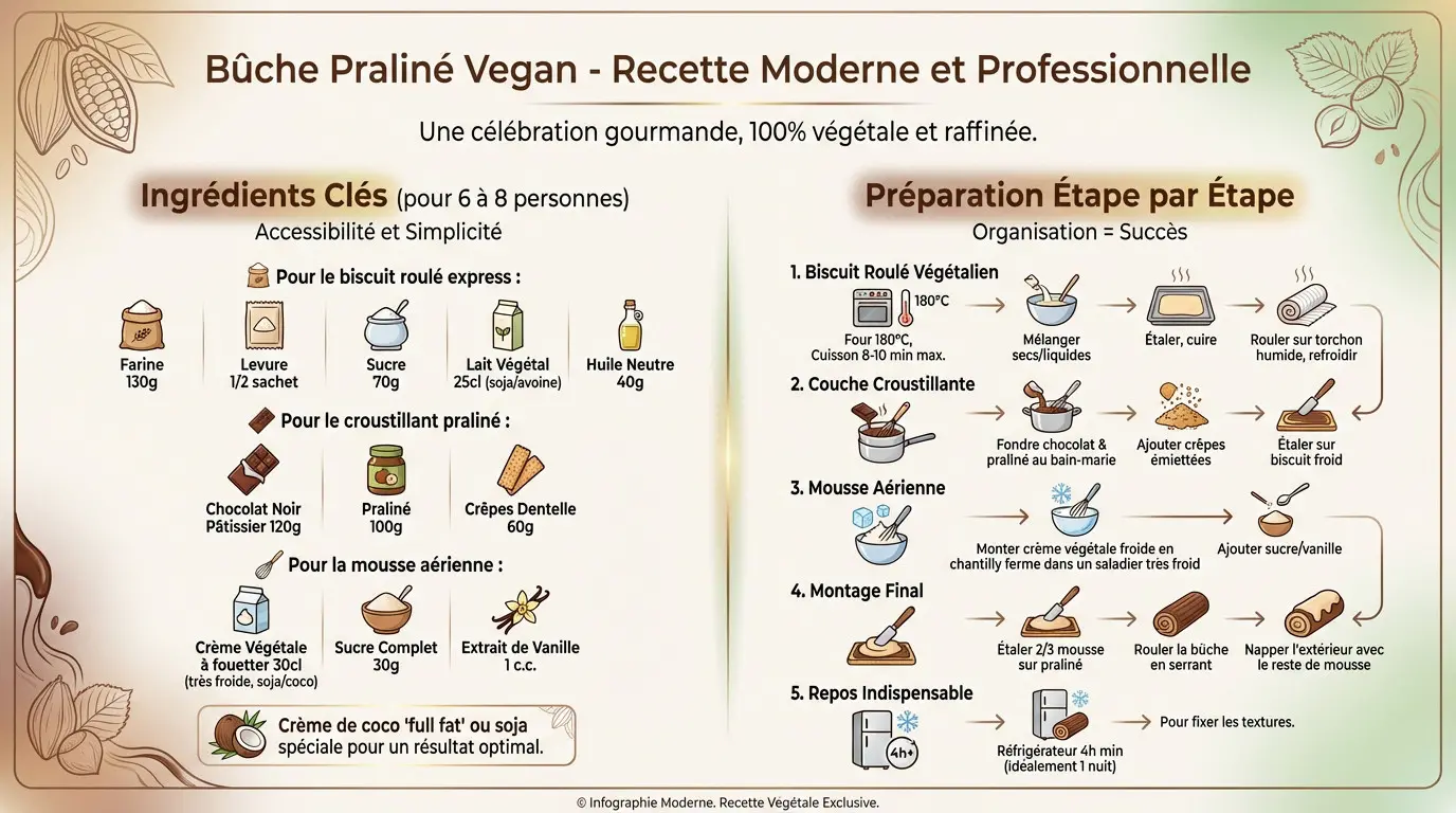 Bûche de Noël végétalienne au praliné feuilleté avec contraste croustillant et fondant