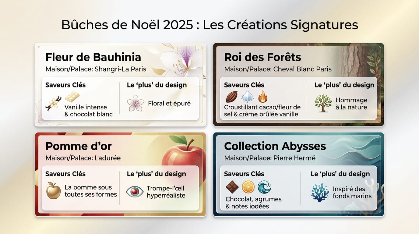 Sélection des bûches de Noël 2025 : créations artistiques et gourmandes des palaces parisiens
