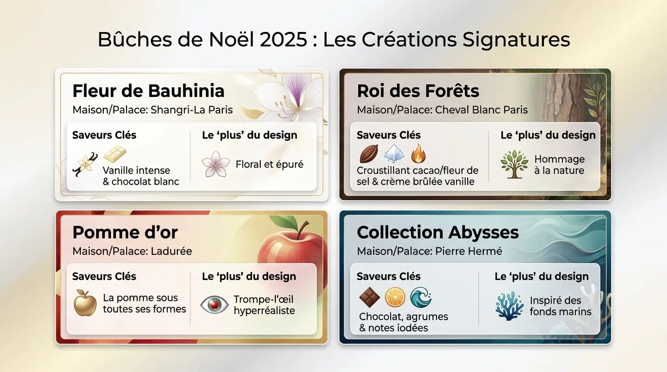 Sélection des bûches de Noël 2025 : créations artistiques et gourmandes des palaces parisiens