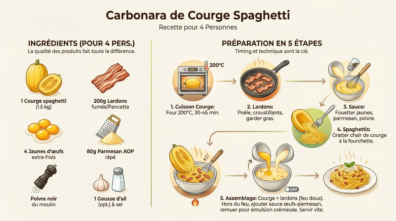 Assiette de carbonara de courge spaghetti crémeuse avec lardons et parmesan