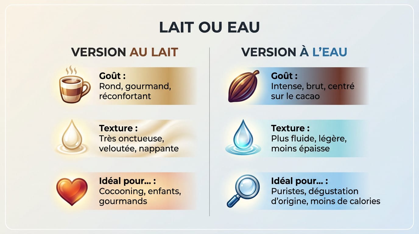 Comparaison visuelle entre un chocolat chaud onctueux au lait et une version intense à l'eau