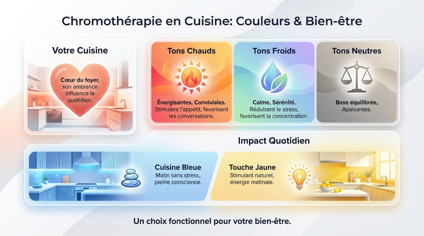 Cuisine moderne illustrant la chromothérapie et l'impact des couleurs sur le bien-être