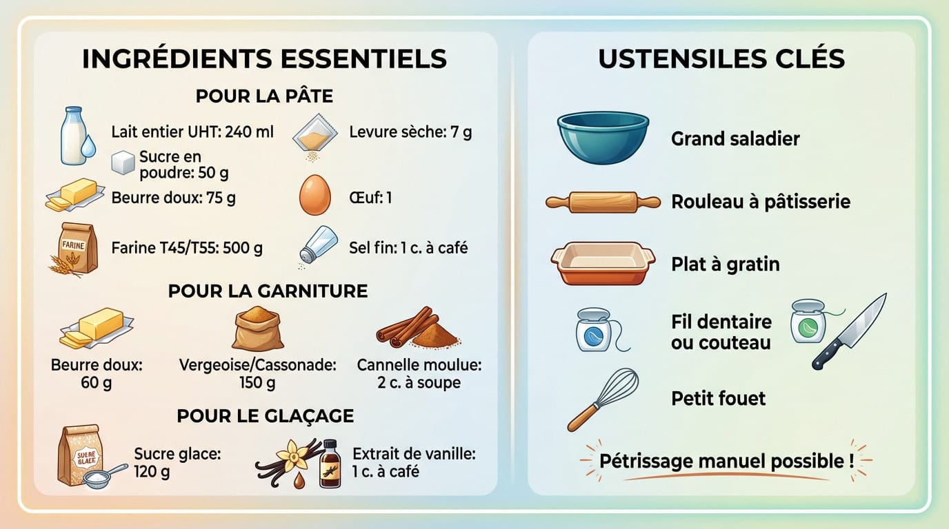 Ingrédients et ustensiles clés pour préparer des cinnamon rolls maison