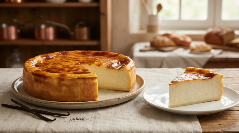Flan pâtissier à la vanille sur une table rustique
