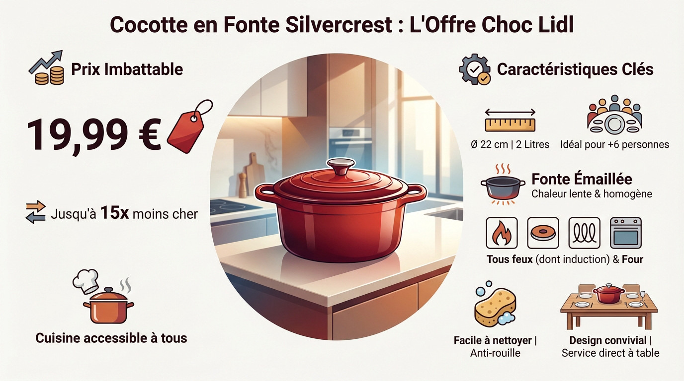 Cocotte en fonte émaillée Silvercrest Lidl rouge posée sur une table en bois