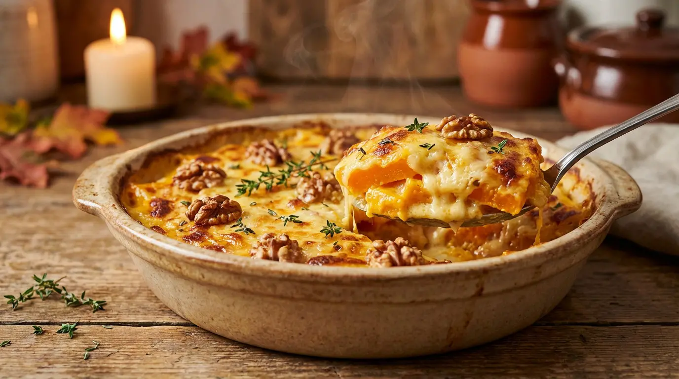 Gratin de courge aux noix et fromage fondu