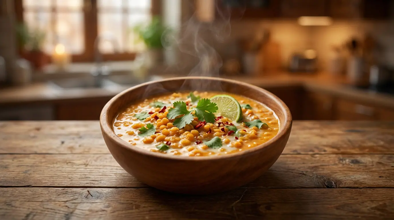 Bol de curry de pois chiches fumant sur table rustique