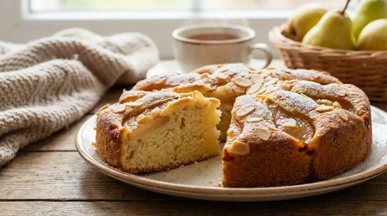 Gâteau aux poires et amandes sur une assiette