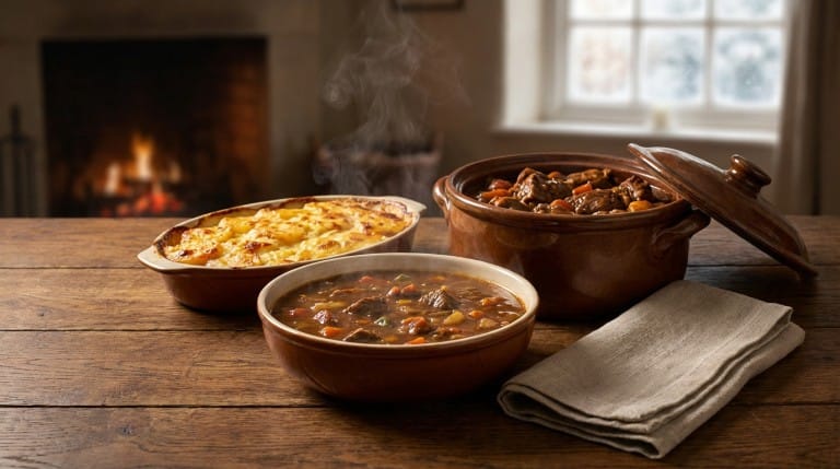 Gratin doré sortant du four, symbole de cuisine réconfortante pour l'hiver