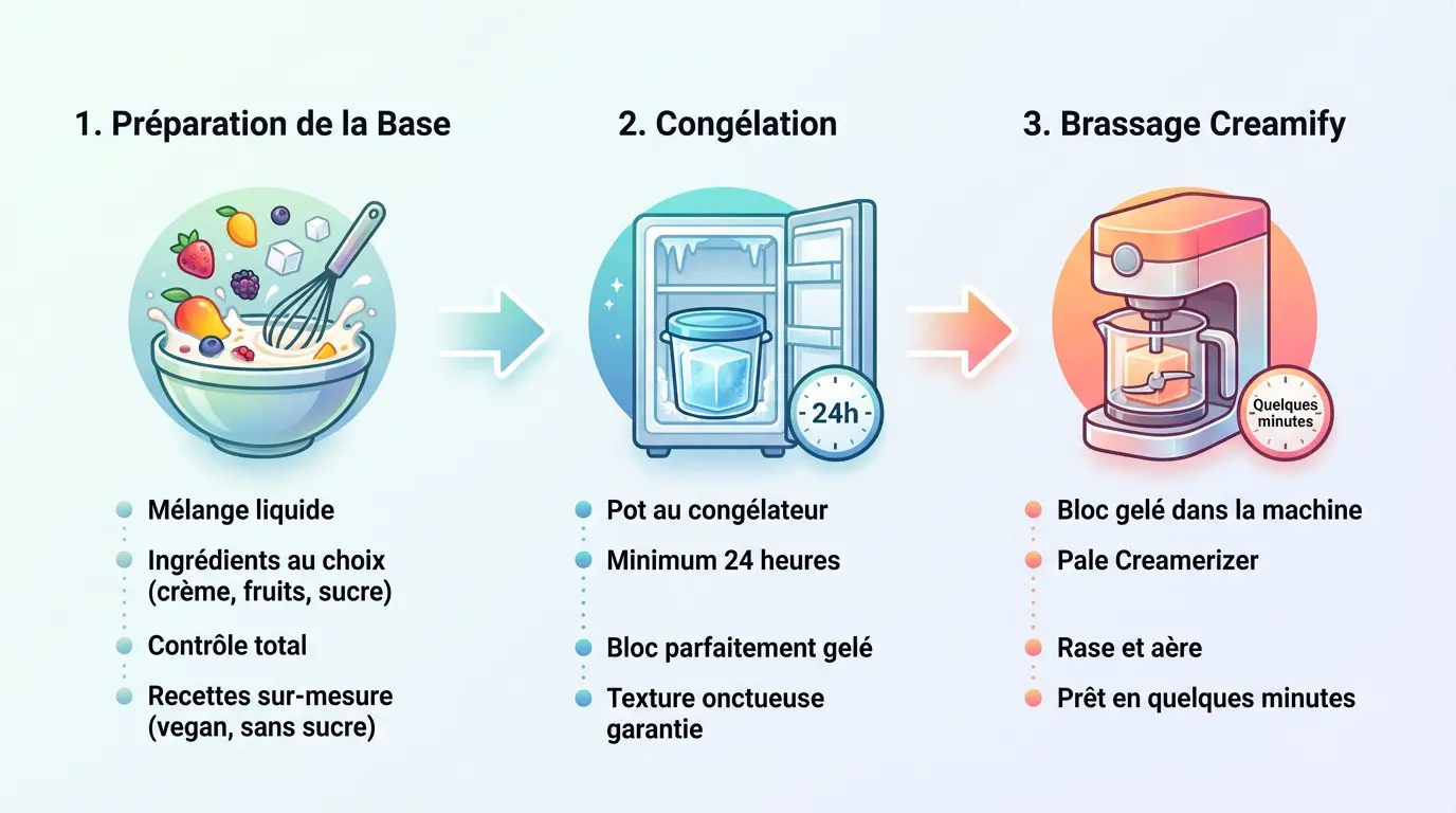 Illustration des 3 étapes de préparation avec la Ninja Creami : base, congélation et brassage