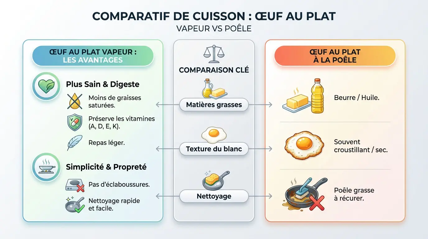 Tableau comparatif des avantages de la cuisson des œufs au plat à la vapeur face à la poêle traditionnelle