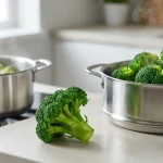 Brocolis frais cuits dans des casseroles en inox