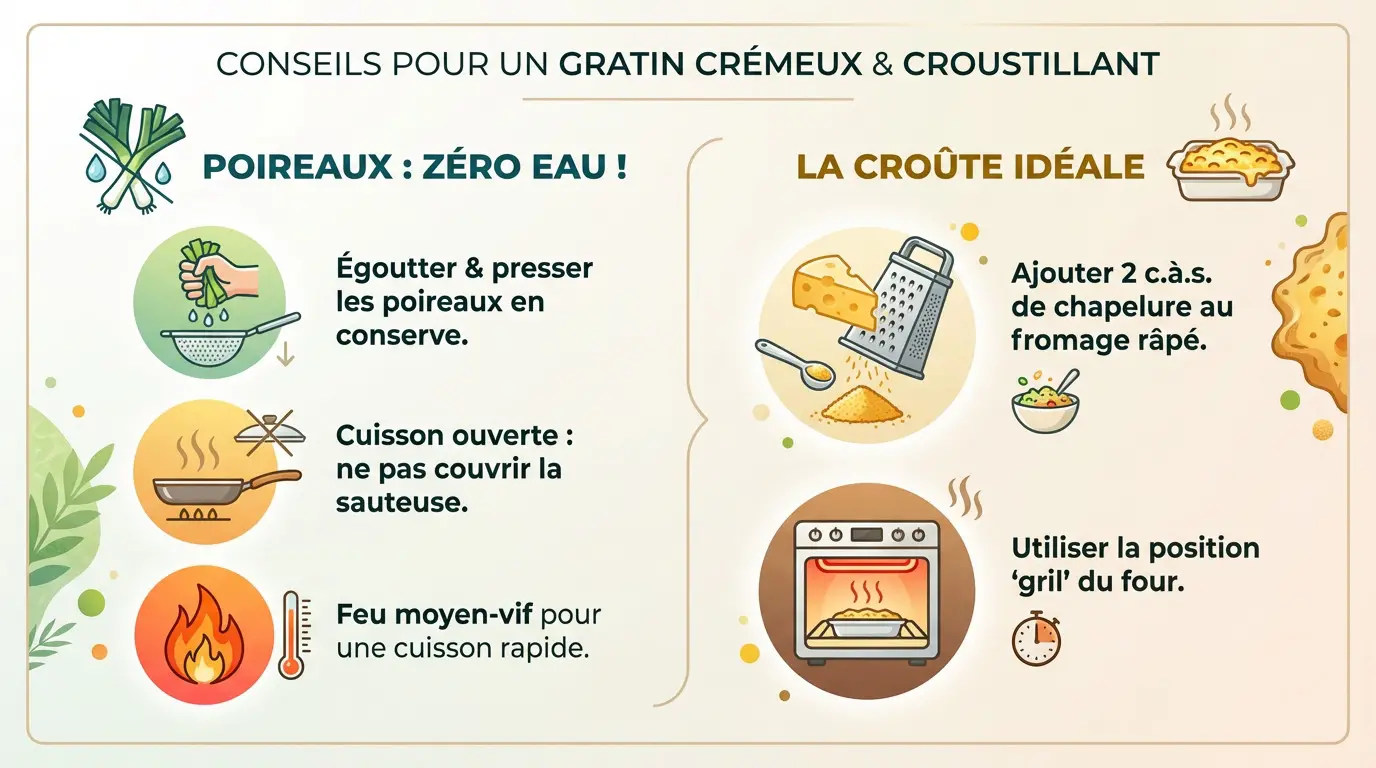 Gratin de poireaux dorés sortant du four avec une croûte croustillante