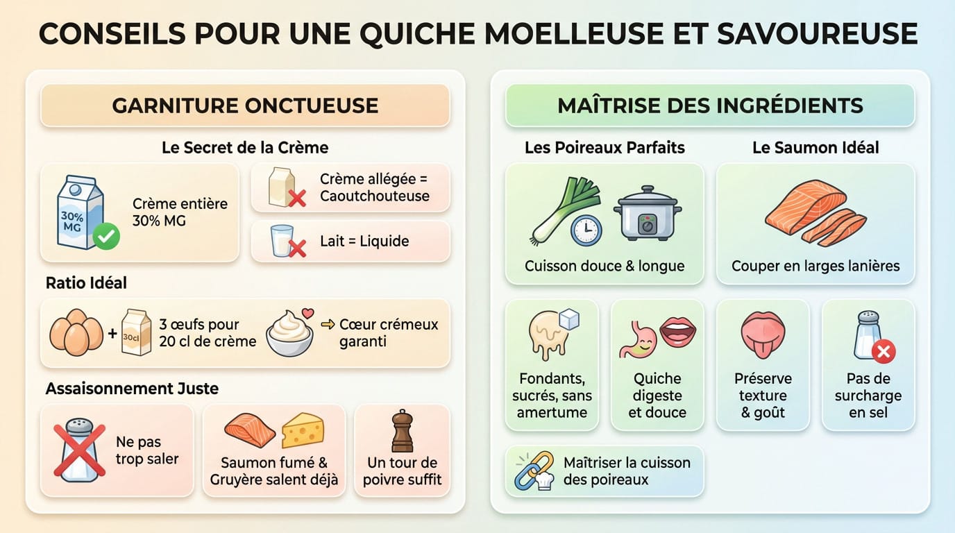 Quiche aux poireaux et saumon fumé dorée et moelleuse servie sur une planche en bois