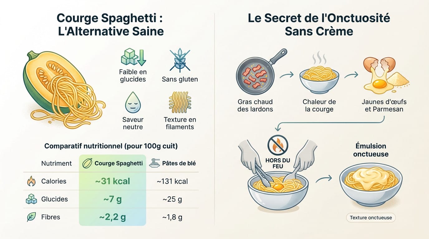 Courge spaghetti préparée façon carbonara avec une sauce onctueuse aux œufs et parmesan