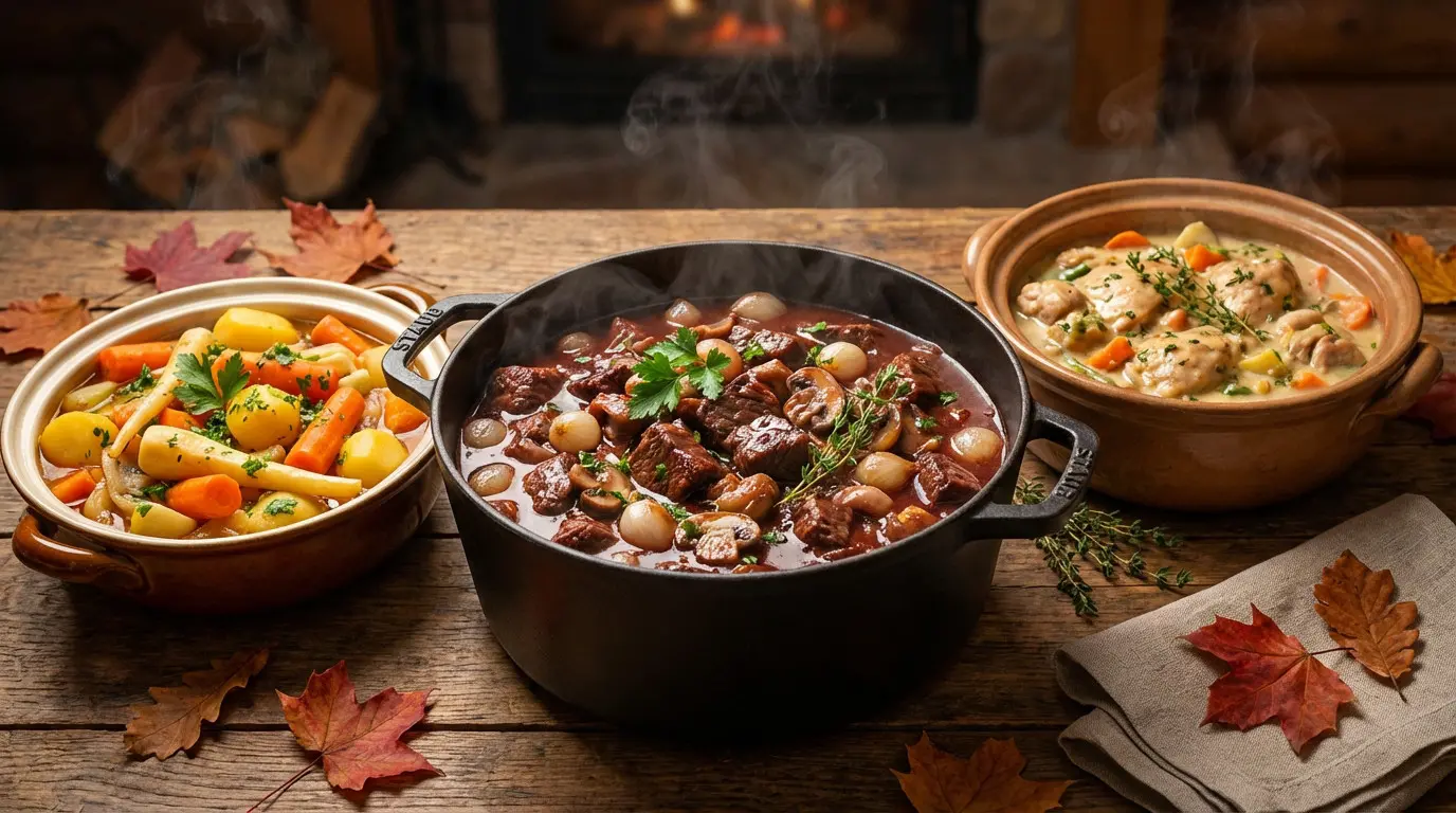 Plats mijotés français sur table en bois rustique