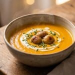 Velouté de potimarron et châtaignes dans un bol, garnie de persil frais