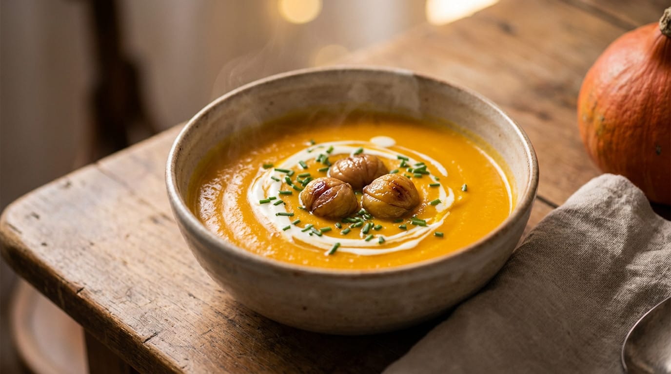 Velouté de potimarron et châtaignes dans un bol, garnie de persil frais