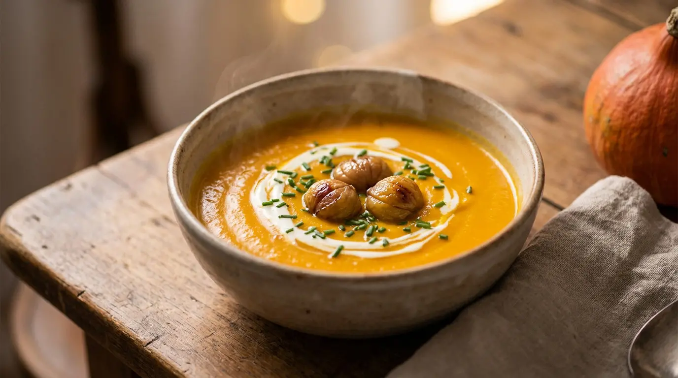 Soupe de potiron aux châtaignes sur table rustique