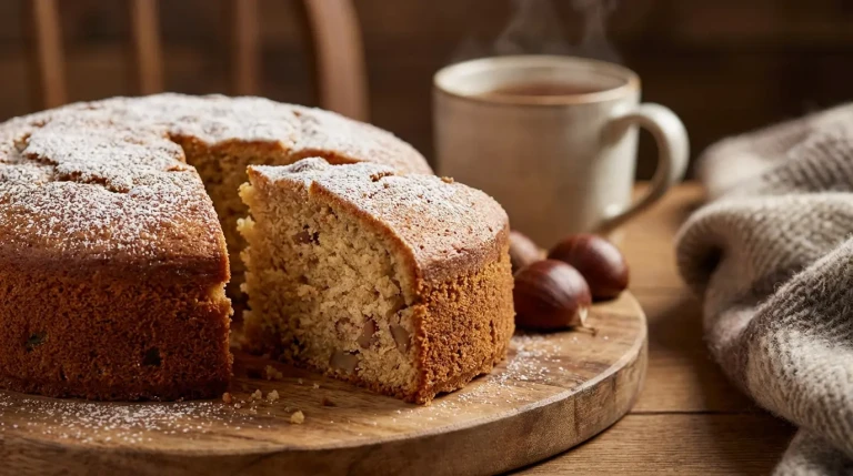 Gâteau aux châtaignes et tasse de café chaud