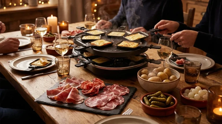 Repas convivial de raclette avec charcuterie et fromage.