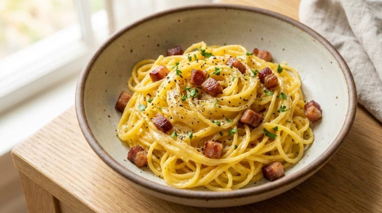 Recette de carbonara courge spaghetti avec lardons et parmesan, plat sain et crémeux