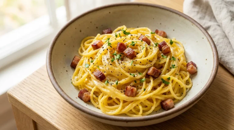 Assiette de spaghetti à la carbonara crémeuse