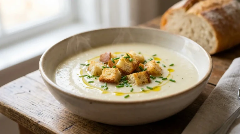 Soupe crémeuse avec croûtons et ciboulette