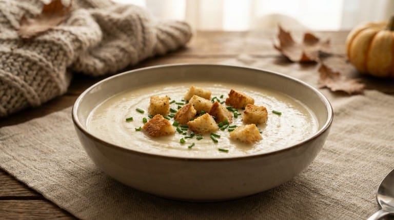 Velouté de chou-fleur crémeux avec croûtons dorés, plat réconfortant d'automne
