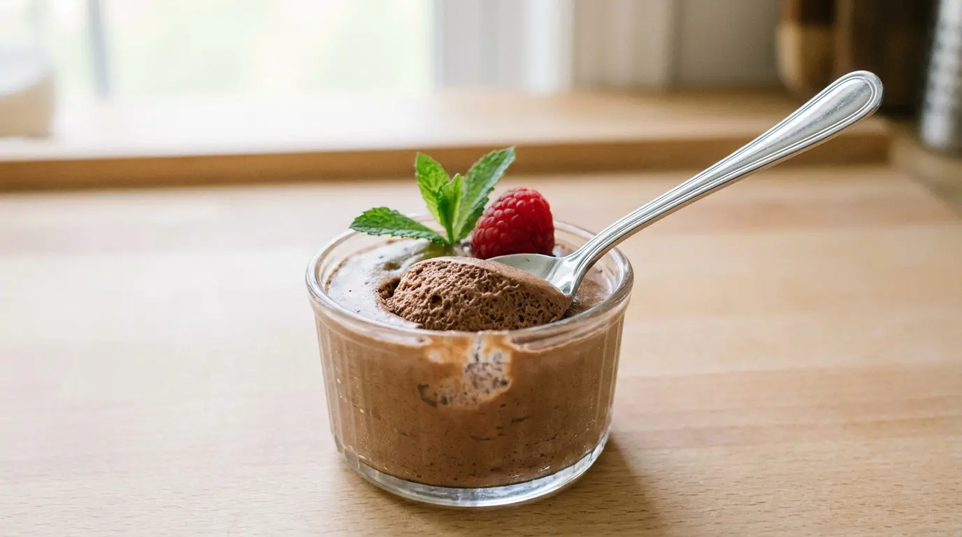 Mousse au chocolat avec framboise et menthe