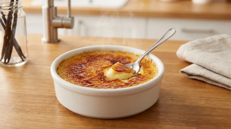 Crème brûlée dorée avec cuillère sur table en bois