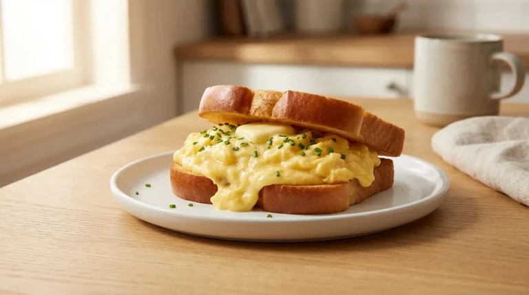 Sandwich aux œufs brouillés crémeux sur assiette.