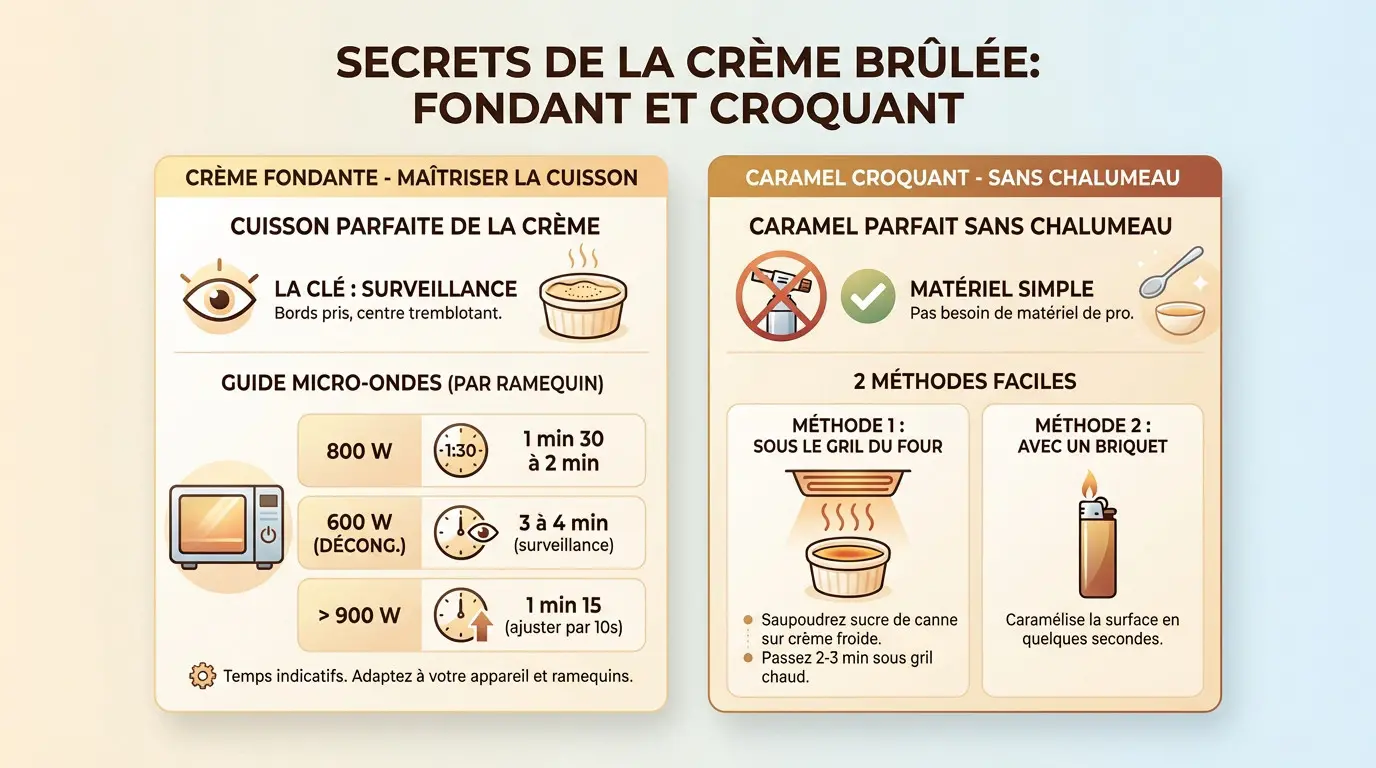 Crème brûlée onctueuse cuite au micro-ondes avec une couche de caramel croquant