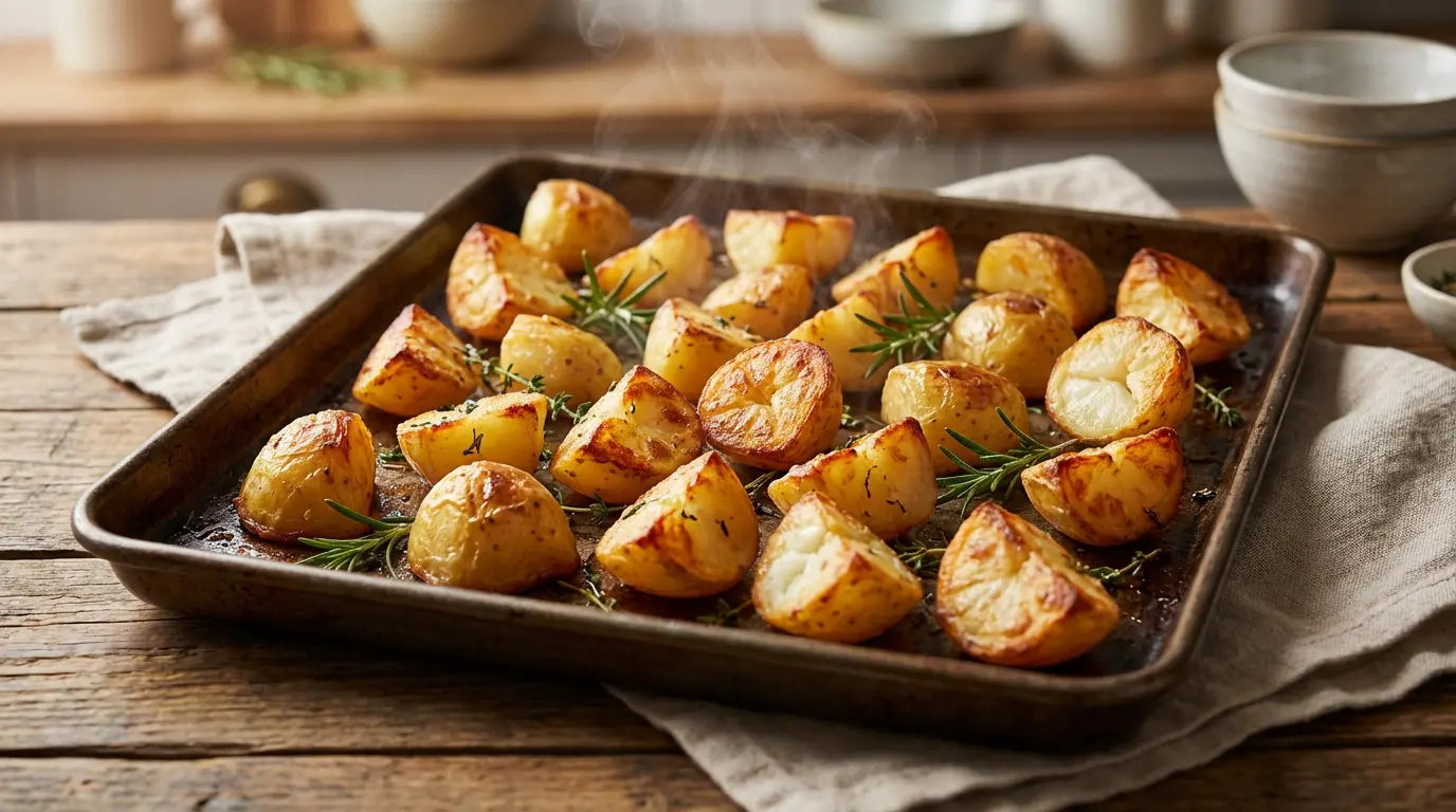 Pommes de terre rôties au romarin sur plaque.