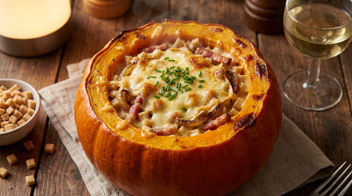 Croziflette potimarron munster, a creamy autumn dish with roasted squash and Alsatian cheese