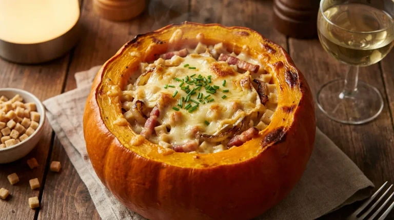 Courge farcie gratinée au fromage et lardons