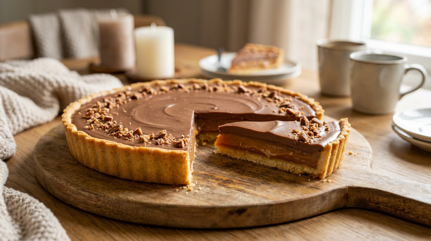Recette tarte daim maison avec biscuits sablés, caramel et chocolat