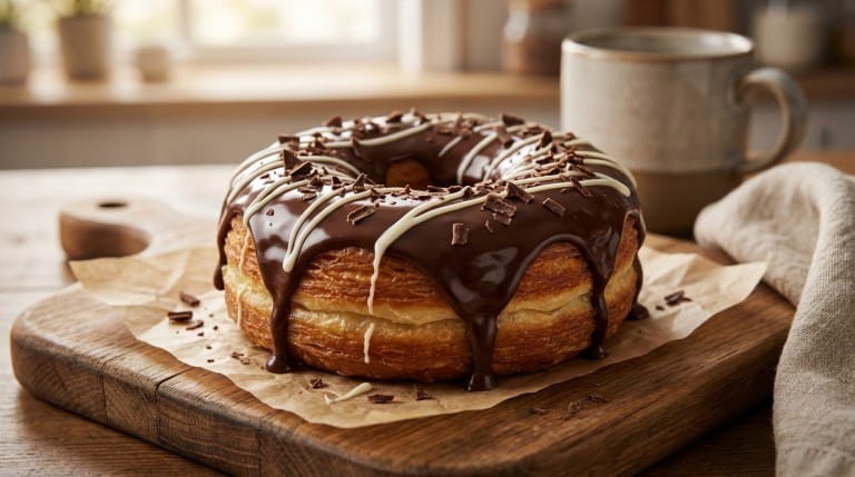 Delicious cronut chocolat with flaky layers and rich chocolate filling, perfect for home baking enthusiasts