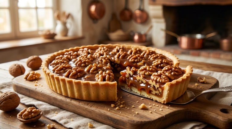 Tarte aux noix de Grenoble avec caramel fondant sur une assiette blanche