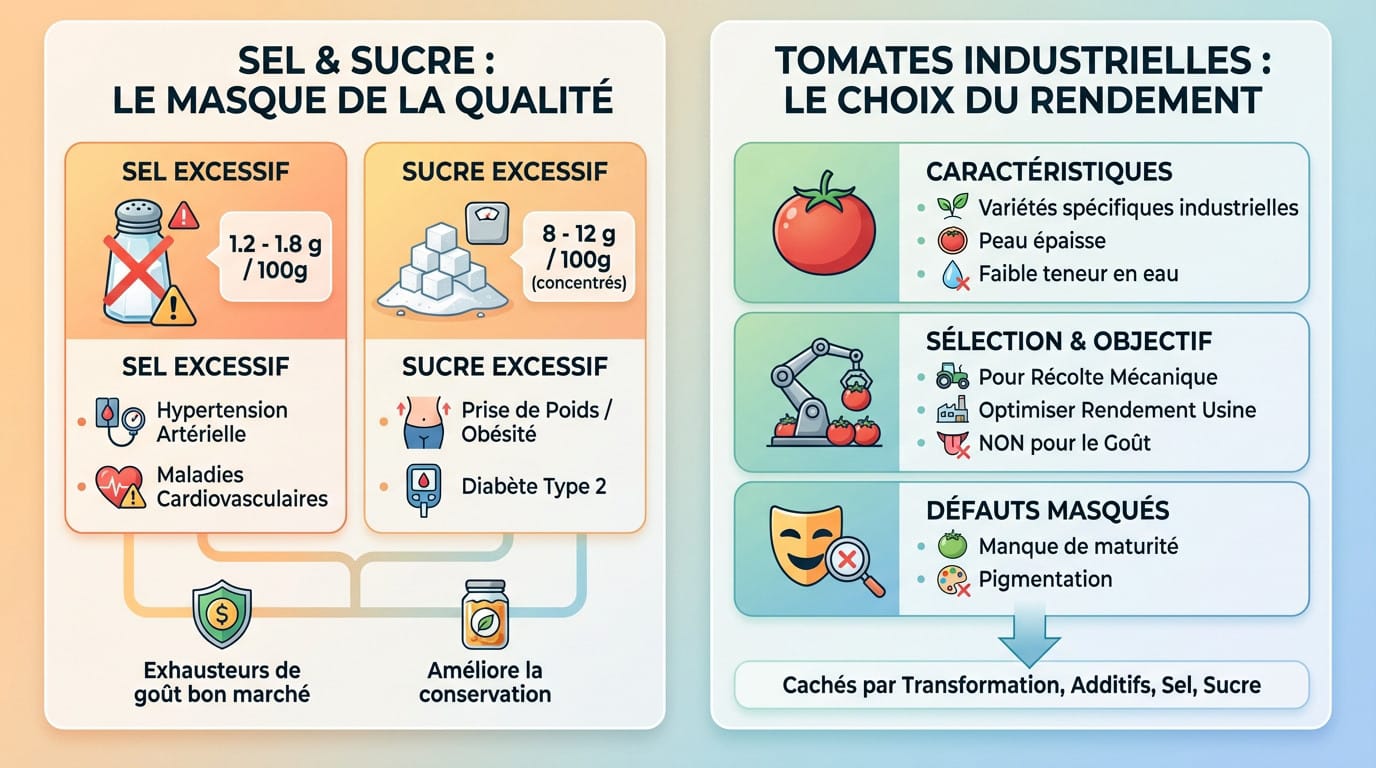 Analyse de la composition des sauces tomates industrielles révélant excès de sel et sucre