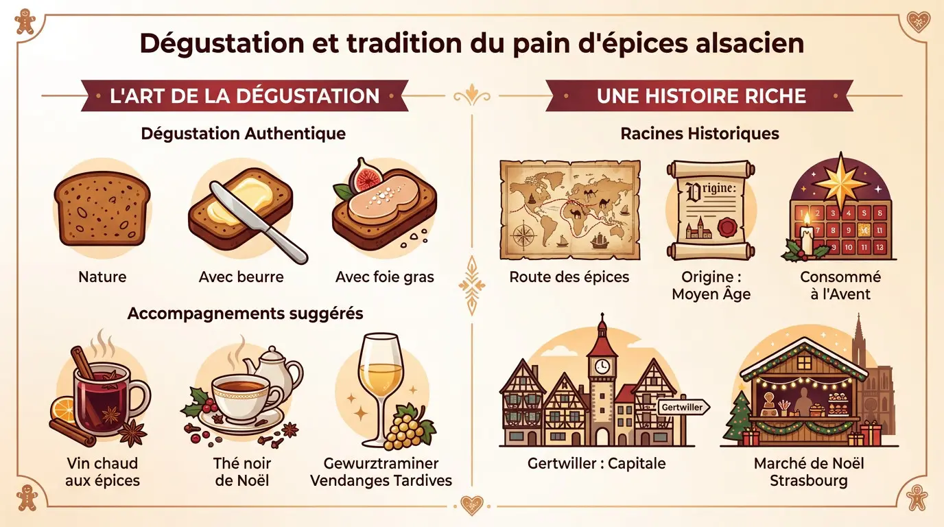 Dégustation traditionnelle du pain d'épices alsacien avec vin chaud et décorations de Noël