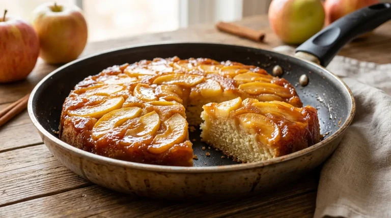 Gâteau renversé aux pommes dorées dans une poêle.
