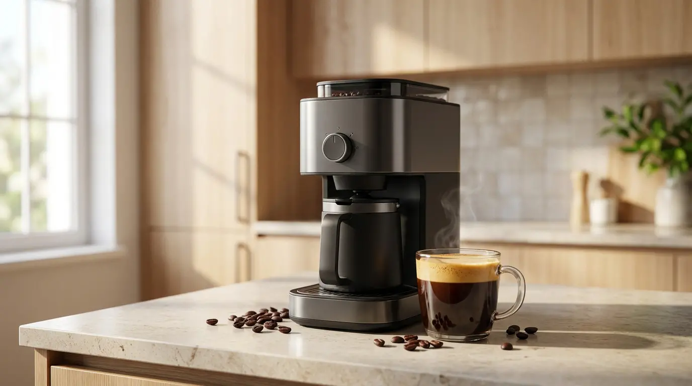 Machine à café moderne sur plan de cuisine.