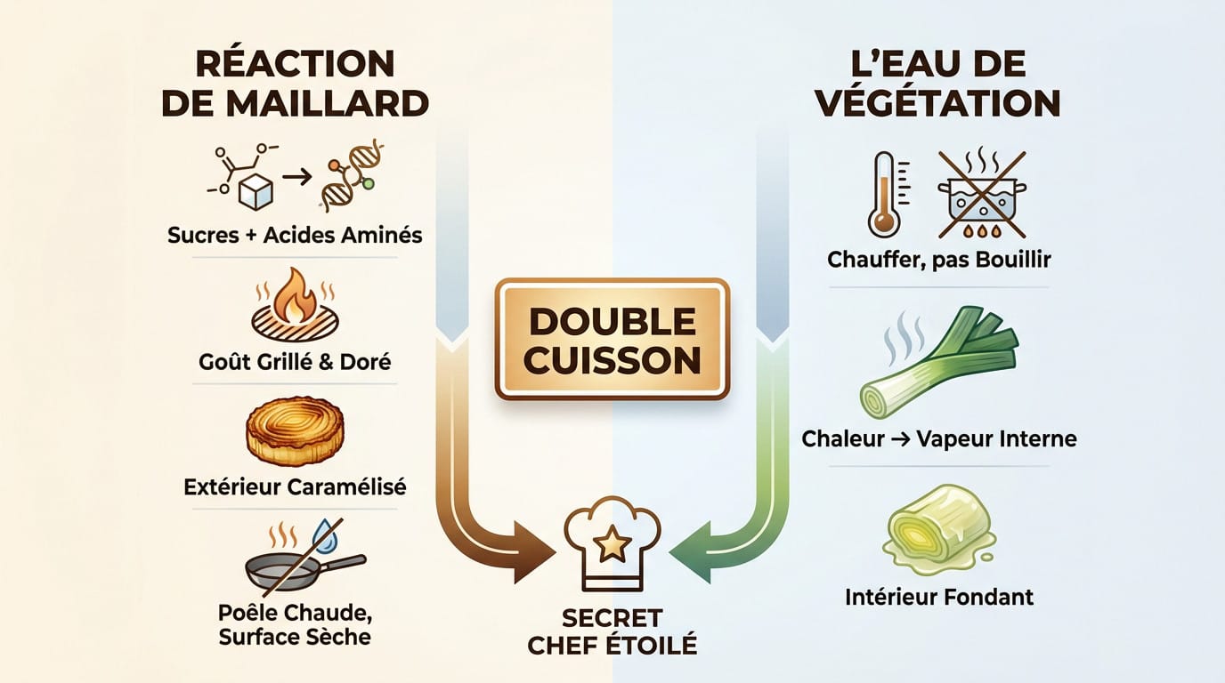 Schéma explicatif de la double cuisson du poireau : réaction de Maillard externe et vapeur interne